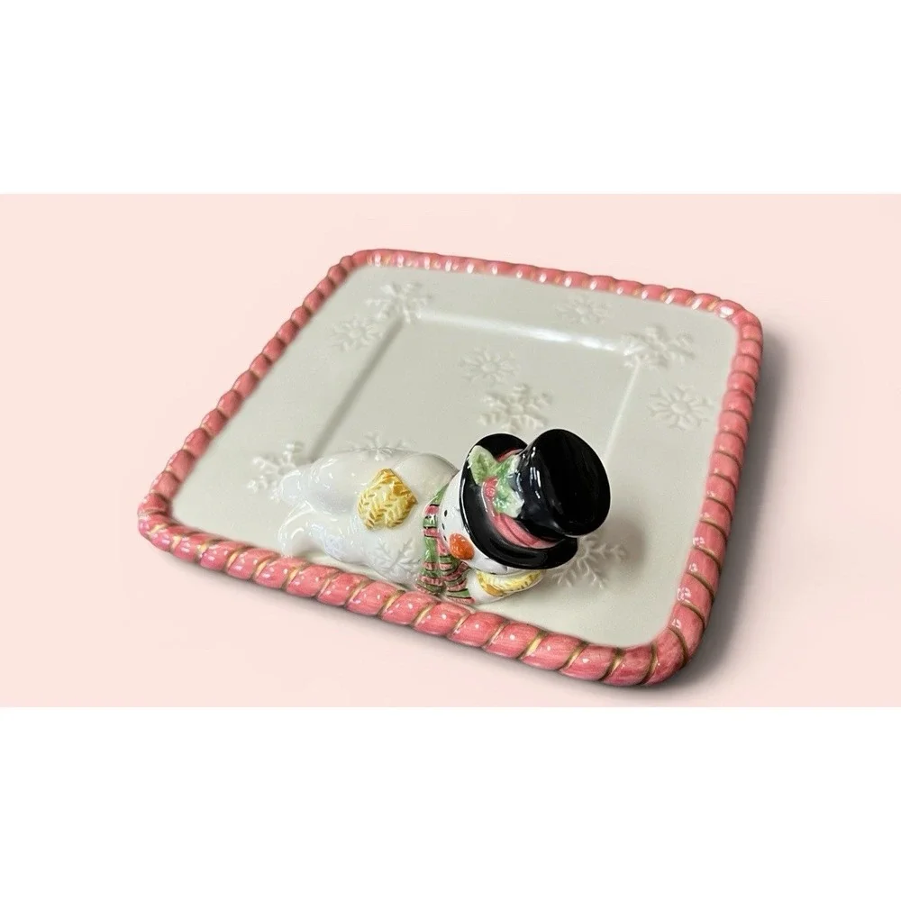 Fitz & Floyd Frosty Folks Snowman Candy Dish Trinket Tray Snowflakes‎ Candy Cane